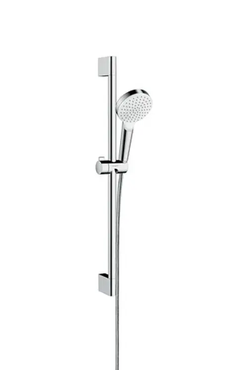Weißes Brauseset mit chromfarbener Brausestange und Handbrause. Das Set ist von Hansgrohe und bietet eine einfache, funktionale Gestaltung für Duschanwendungen.
